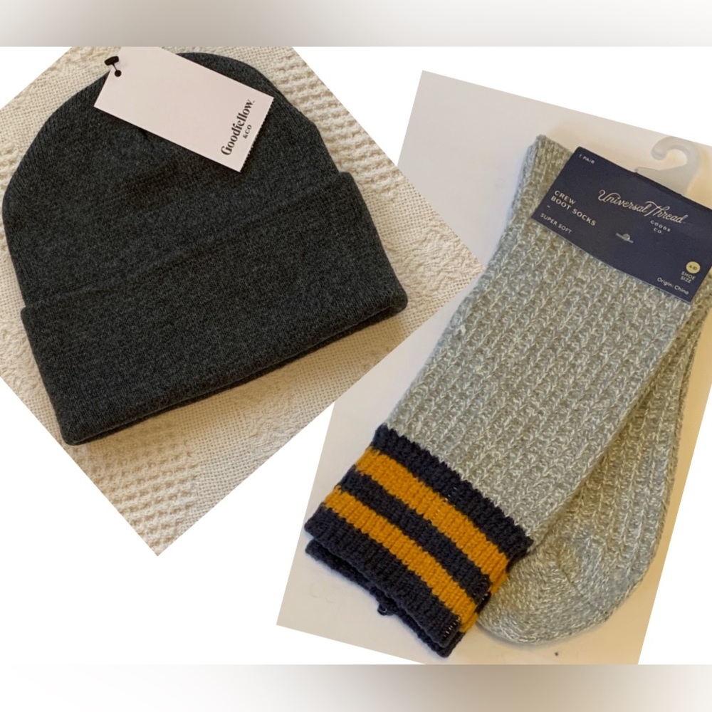 Goodfellow & Co Ribbed Pull-on Beanie & Universal Thread Crew Boot Socks Set